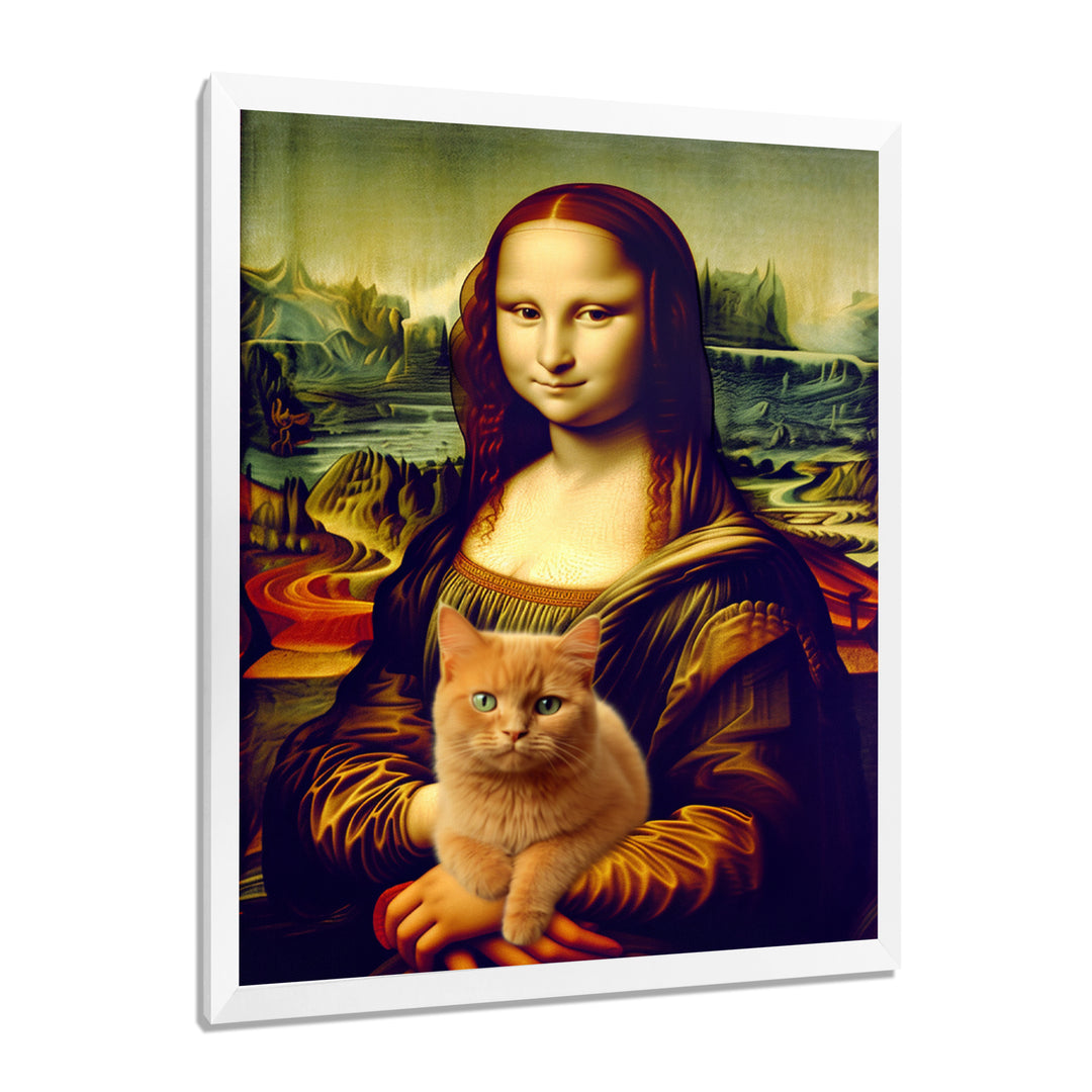 Mona Lisa With Brown Cat - Cat Framed Canvas Art