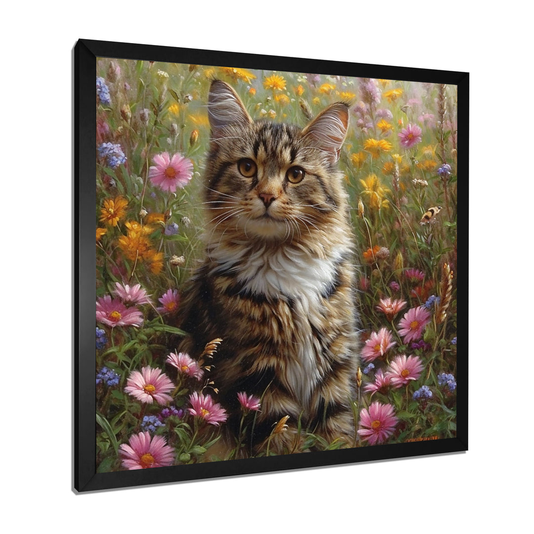Cute Tiger Cat In Flower Field - Cat Home Decor Art