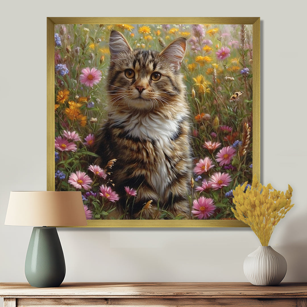 Cute Tiger Cat In Flower Field - Cat Home Decor Art