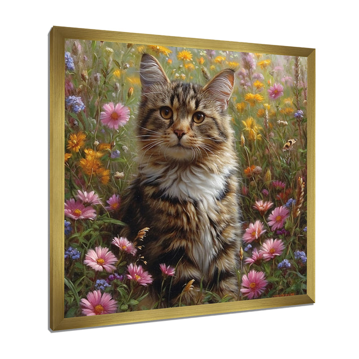Cute Tiger Cat In Flower Field - Cat Home Decor Art