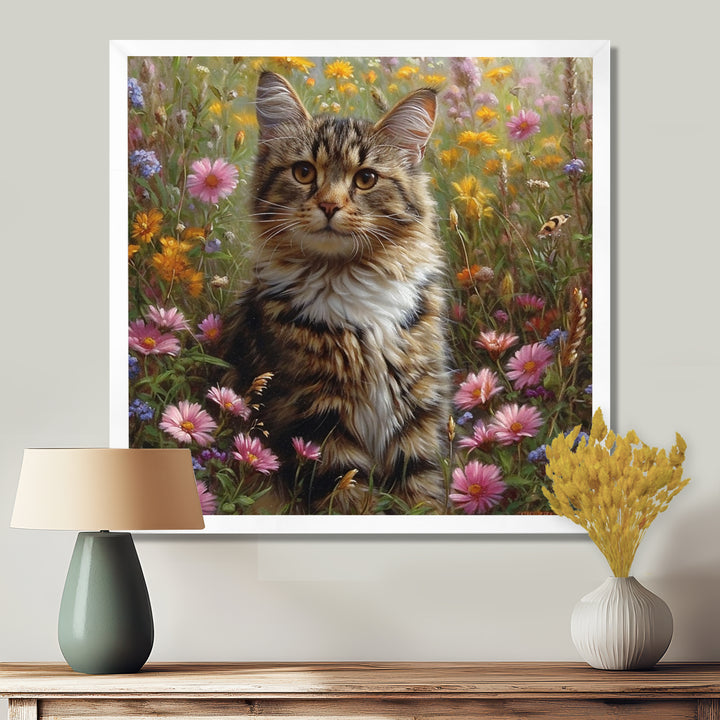 Cute Tiger Cat In Flower Field - Cat Home Decor Art