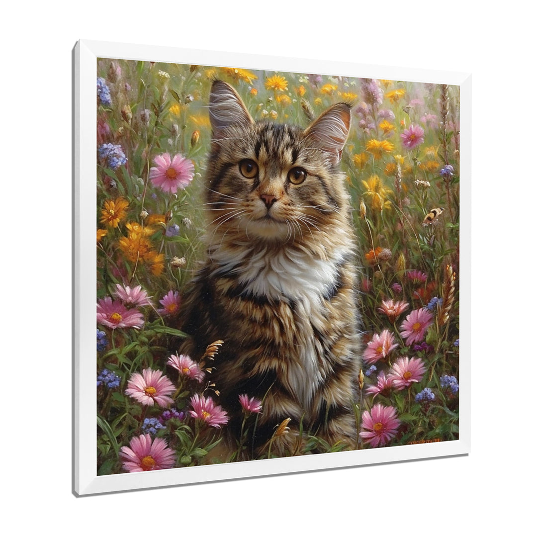 Cute Tiger Cat In Flower Field - Cat Home Decor Art