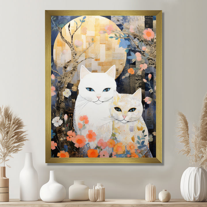 Cute White Cats Flower Full Moon - White Cat Wall Art