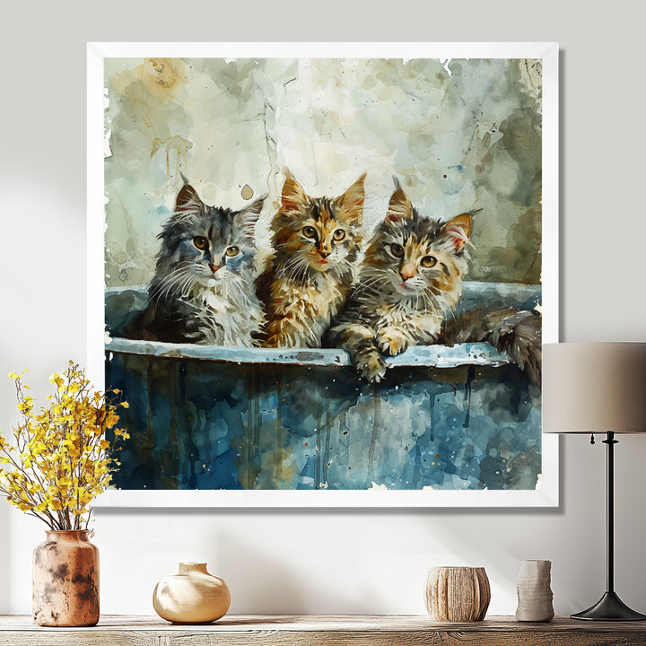 Three Cute Kitten In A Bathtub - Cat Bathroom Large Canvas Wall Art