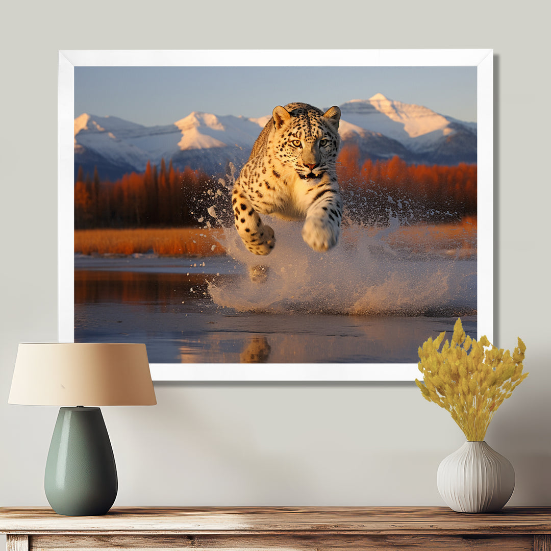 Cougar Running In The Mountain River - Cheetah Bedroom Wall Art