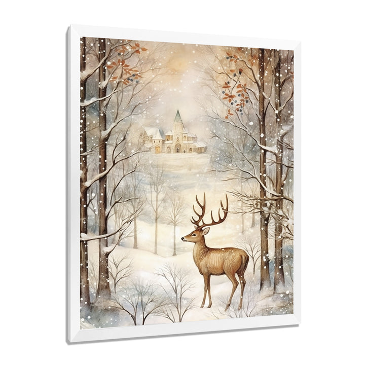 Christmas Deer In Winter Town Forest - Deer Landscape Bedroom Wall Art