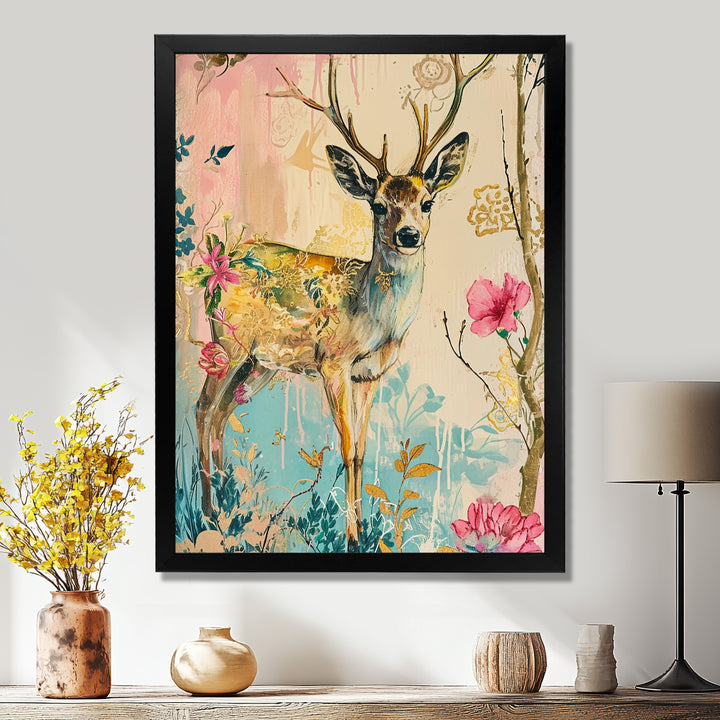 Vintage Boho Deer Flower Forest - Deer Canvas Wall Art