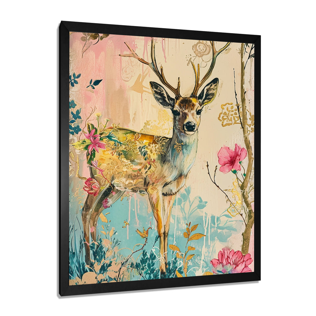 Vintage Boho Deer Flower Forest - Deer Canvas Wall Art