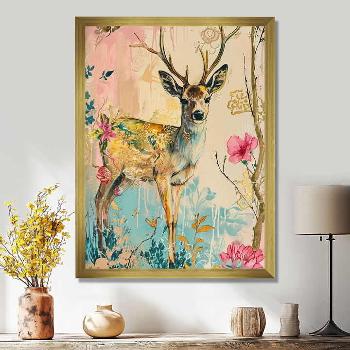 Vintage Boho Deer Flower Forest - Deer Canvas Wall Art