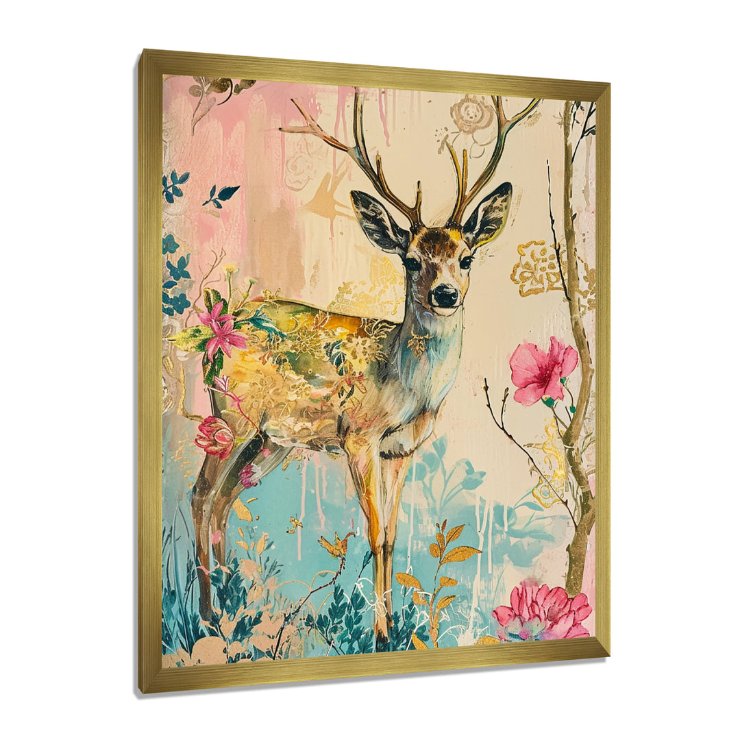 Vintage Boho Deer Flower Forest - Deer Canvas Wall Art