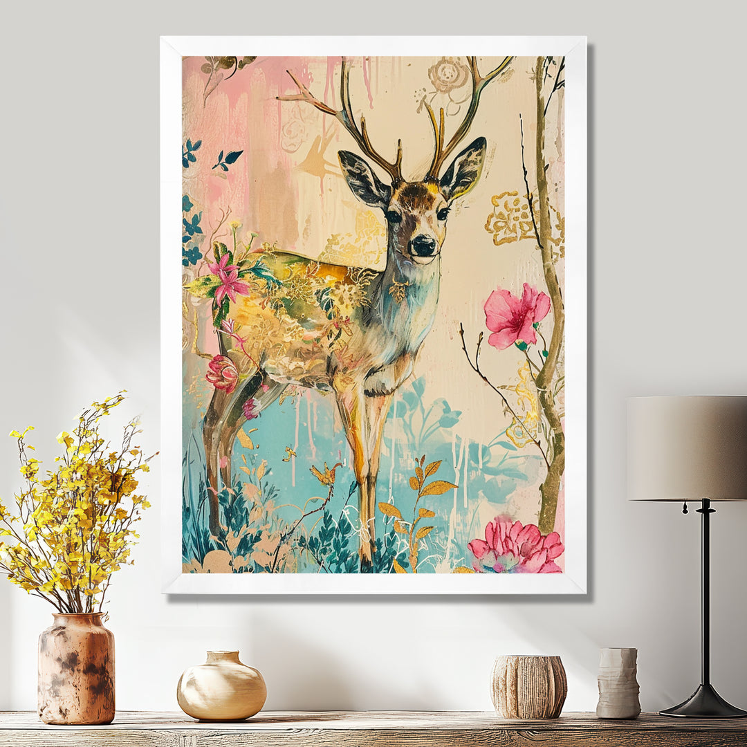 Vintage Boho Deer Flower Forest - Deer Canvas Wall Art
