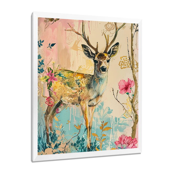 Vintage Boho Deer Flower Forest - Deer Canvas Wall Art