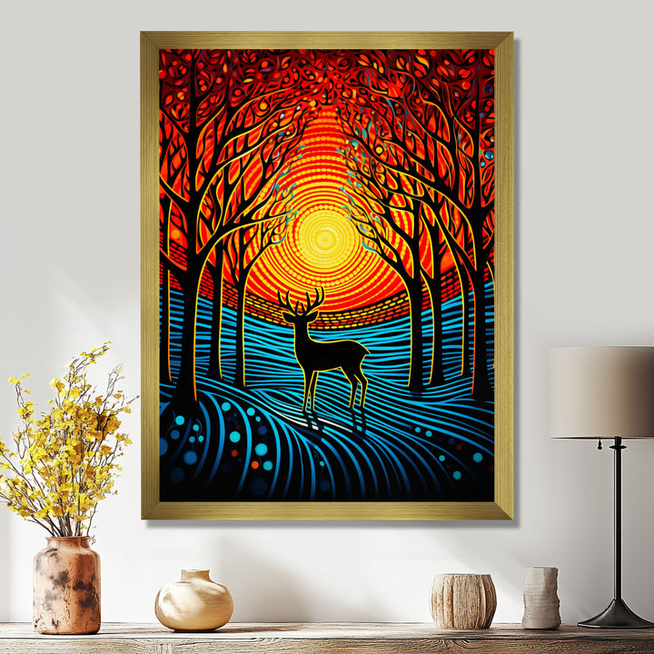Christmas Deer In Winter Forest Sunset - Blue Deer Landscape Wall Art