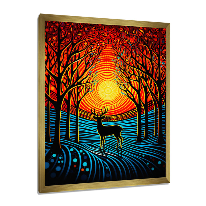 Christmas Deer In Winter Forest Sunset - Blue Deer Landscape Wall Art