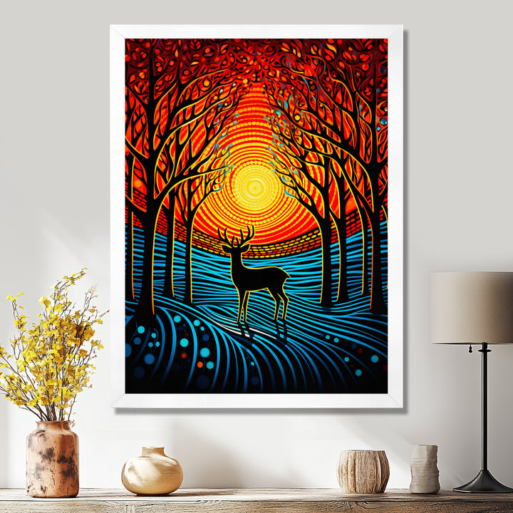 Christmas Deer In Winter Forest Sunset - Blue Deer Landscape Wall Art