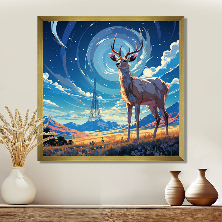 Nocturnal Deer On The Prairie - Blue Deer Landscape Mountains Wall Art