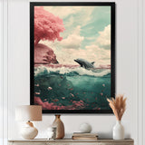 Dolphin In The Ocean By The Cherry Blossom Tree - Dolphin Framed Canvas Art