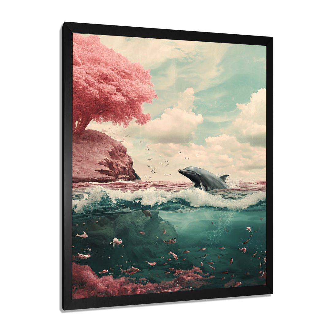 Dolphin In The Ocean By The Cherry Blossom Tree - Dolphin Framed Canvas Art