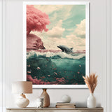 Dolphin In The Ocean By The Cherry Blossom Tree - Dolphin Framed Canvas Art