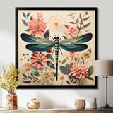 Vintage Illustration Of Dragonfly Green Pink - Dragonfly Canvas Wall Art