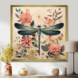 Vintage Illustration Of Dragonfly Green Pink - Dragonfly Canvas Wall Art