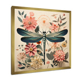 Vintage Illustration Of Dragonfly Green Pink - Dragonfly Canvas Wall Art