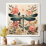 Vintage Illustration Of Dragonfly Green Pink - Dragonfly Canvas Wall Art