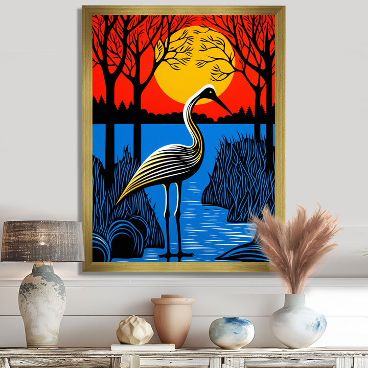 Stork By The Full Moon River - Pelican Canvas Wall Art