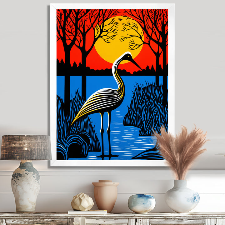 Stork By The Full Moon River - Pelican Canvas Wall Art