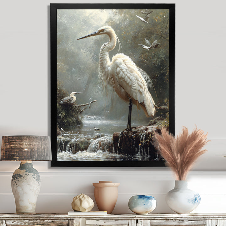 White Heron Looking For River Pray - Heron Framed Canvas Art