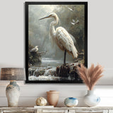 White Heron Looking For River Pray - Heron Framed Canvas Art