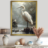 White Heron Looking For River Pray - Heron Framed Canvas Art