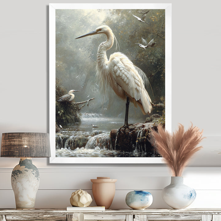 White Heron Looking For River Pray - Heron Framed Canvas Art