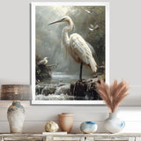 White Heron Looking For River Pray - Heron Framed Canvas Art