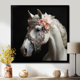 Glamorous White Horse With Pink Flowers - Horse Canvas Wall Art
