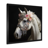 Glamorous White Horse With Pink Flowers - Horse Canvas Wall Art