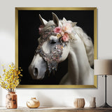 Glamorous White Horse With Pink Flowers - Horse Canvas Wall Art