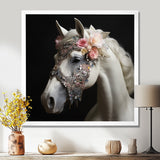 Glamorous White Horse With Pink Flowers - Horse Canvas Wall Art