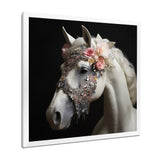 Glamorous White Horse With Pink Flowers - Horse Canvas Wall Art