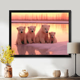 Four Adorable Polar Bears Pink Sunset - Bear Landscape Living Room Wall Art