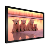Four Adorable Polar Bears Pink Sunset - Bear Landscape Living Room Wall Art