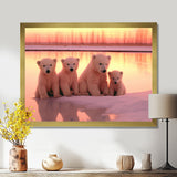 Four Adorable Polar Bears Pink Sunset - Bear Landscape Living Room Wall Art