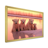 Four Adorable Polar Bears Pink Sunset - Bear Landscape Living Room Wall Art