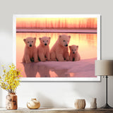 Four Adorable Polar Bears Pink Sunset - Bear Landscape Living Room Wall Art