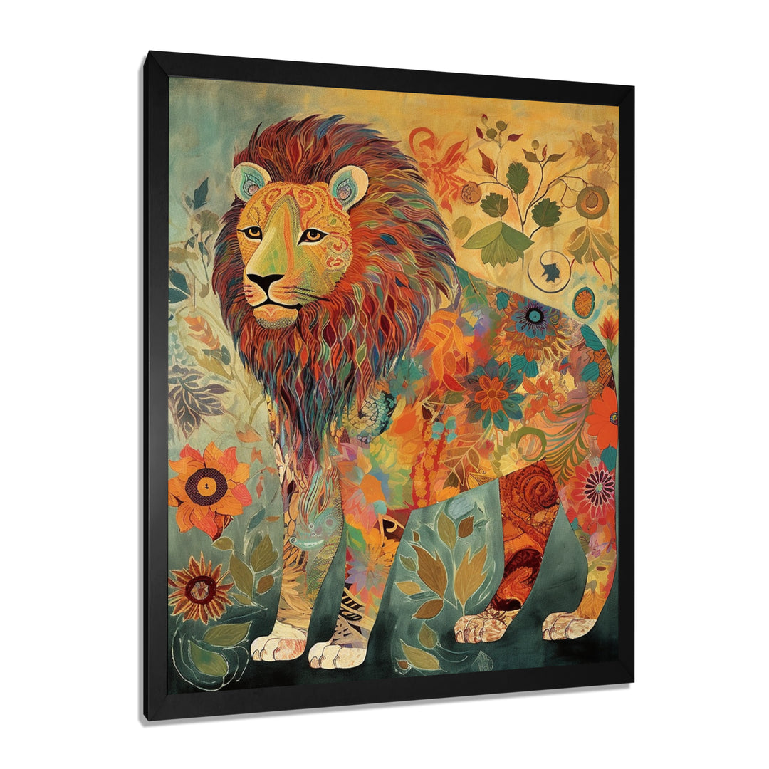 Flowerful Boho Lion Retro Illustration - Lion Living Room Wall Art