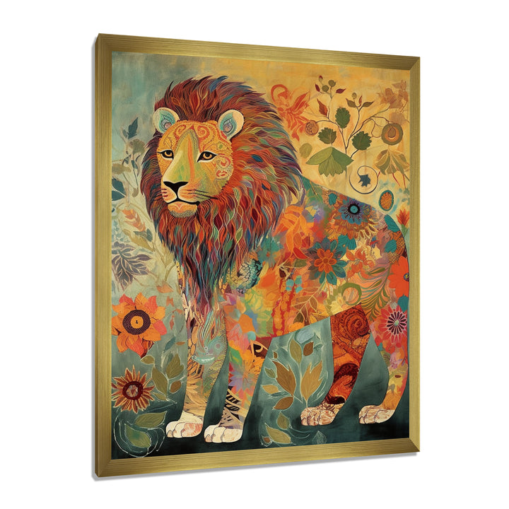 Flowerful Boho Lion Retro Illustration - Lion Living Room Wall Art