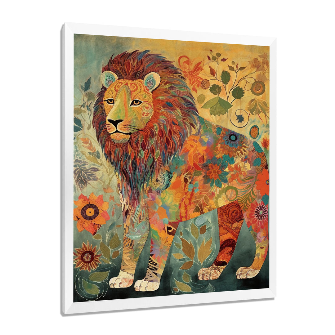Flowerful Boho Lion Retro Illustration - Lion Living Room Wall Art