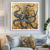 Blue Octopus Asian Vintage Gold - Octopus Large Canvas Wall Art