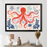 Deep Ocean Red Octopus Retro Illustration - Octopus Bedroom Wall Art