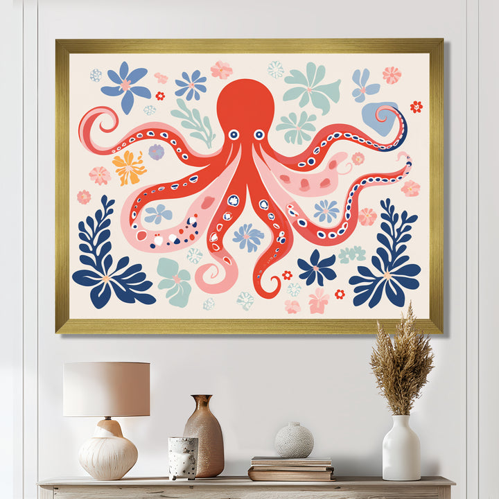 Deep Ocean Red Octopus Retro Illustration - Octopus Bedroom Wall Art